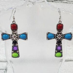 Multi Stone Cross Earrings